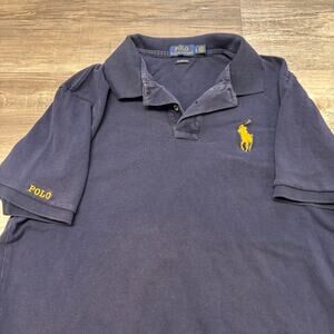 Polo Ralph Lauren Polo Shirt Navy Blue Gold Mens L Big Pony Classic‎ Fit Preppy